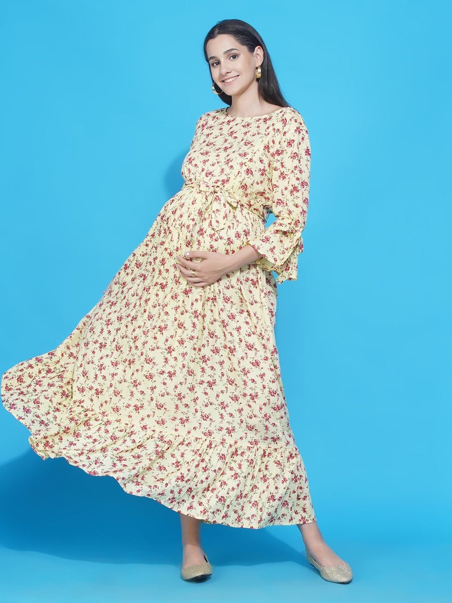 Mine4Nine Yellow & Pink Floral Print Maxi Maternity & Nursing Dress