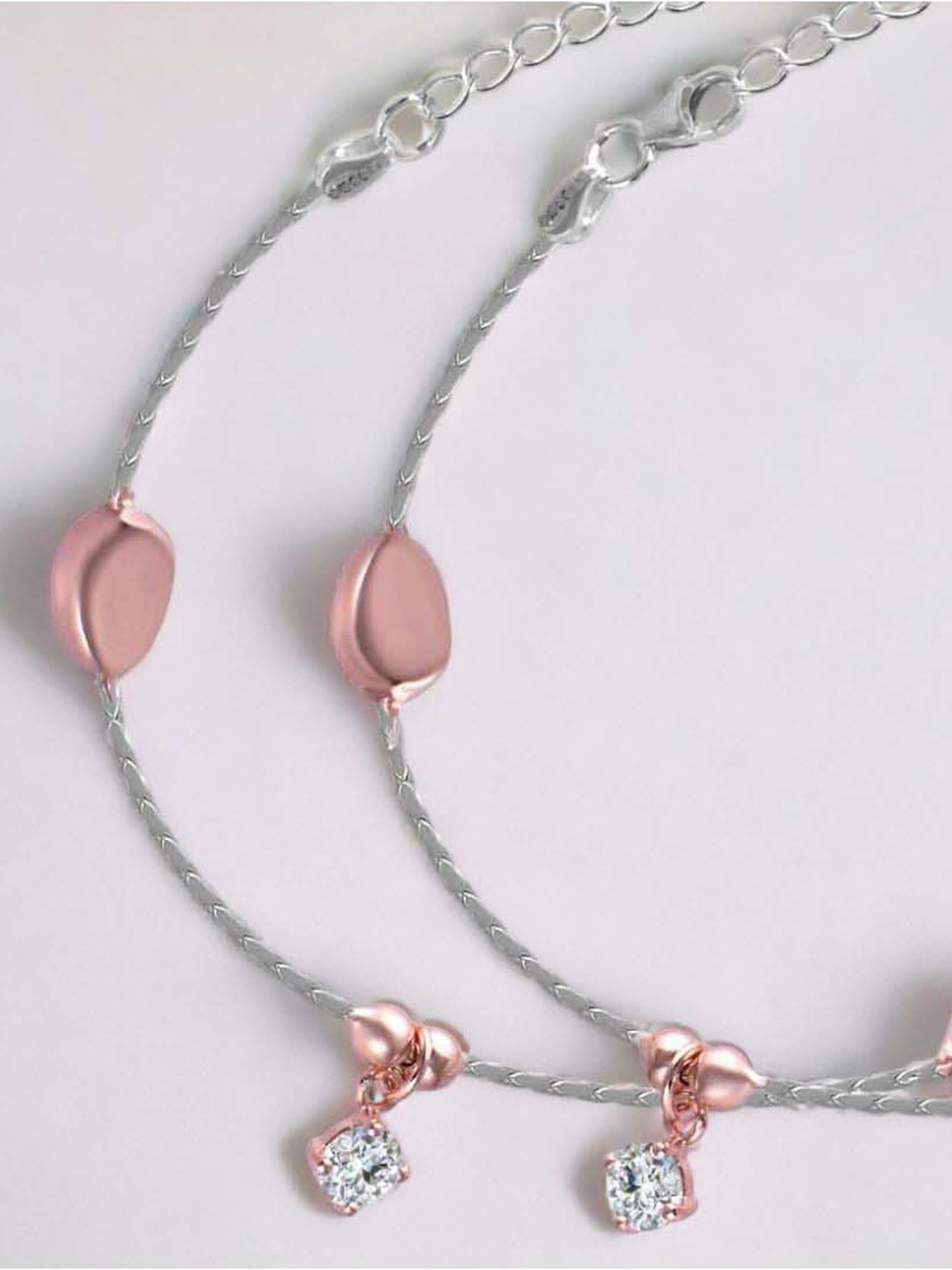 Rihi by P.C. Chandra Jewellers 925 Silver Rose Gold Stone Drop Anklet for Women & Girls