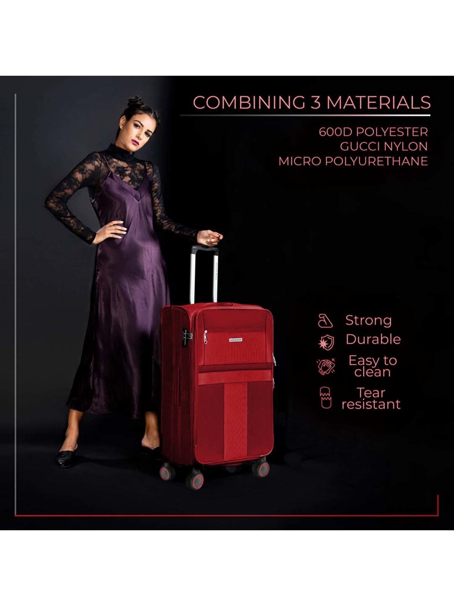 Nasher Miles Toledo Expander Soft-Sided Polyester  Set of 3 Red Trolley Bags (55, 65 & 75 cm)