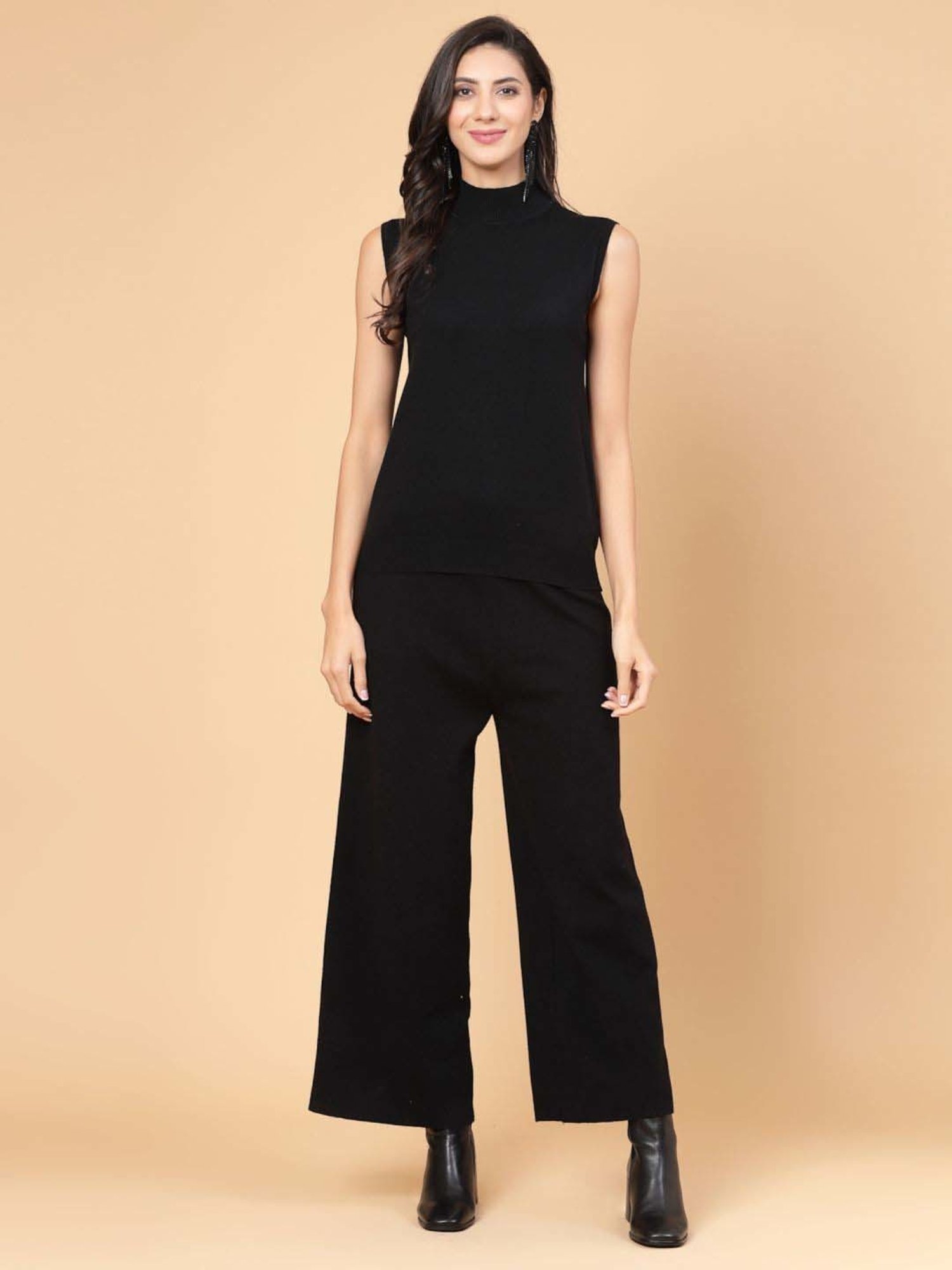 Mafadeny Khaki & Black Printed Top Pants Set With Shrug