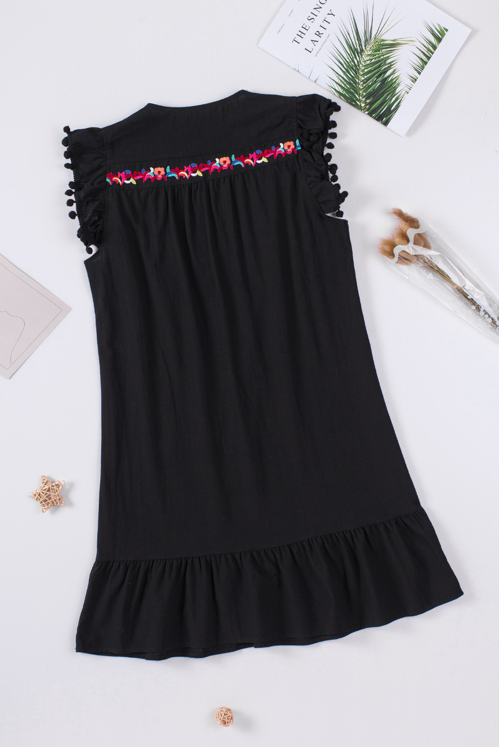 Black Pom Pom A Line Ruffled Sleeveless Short Dress