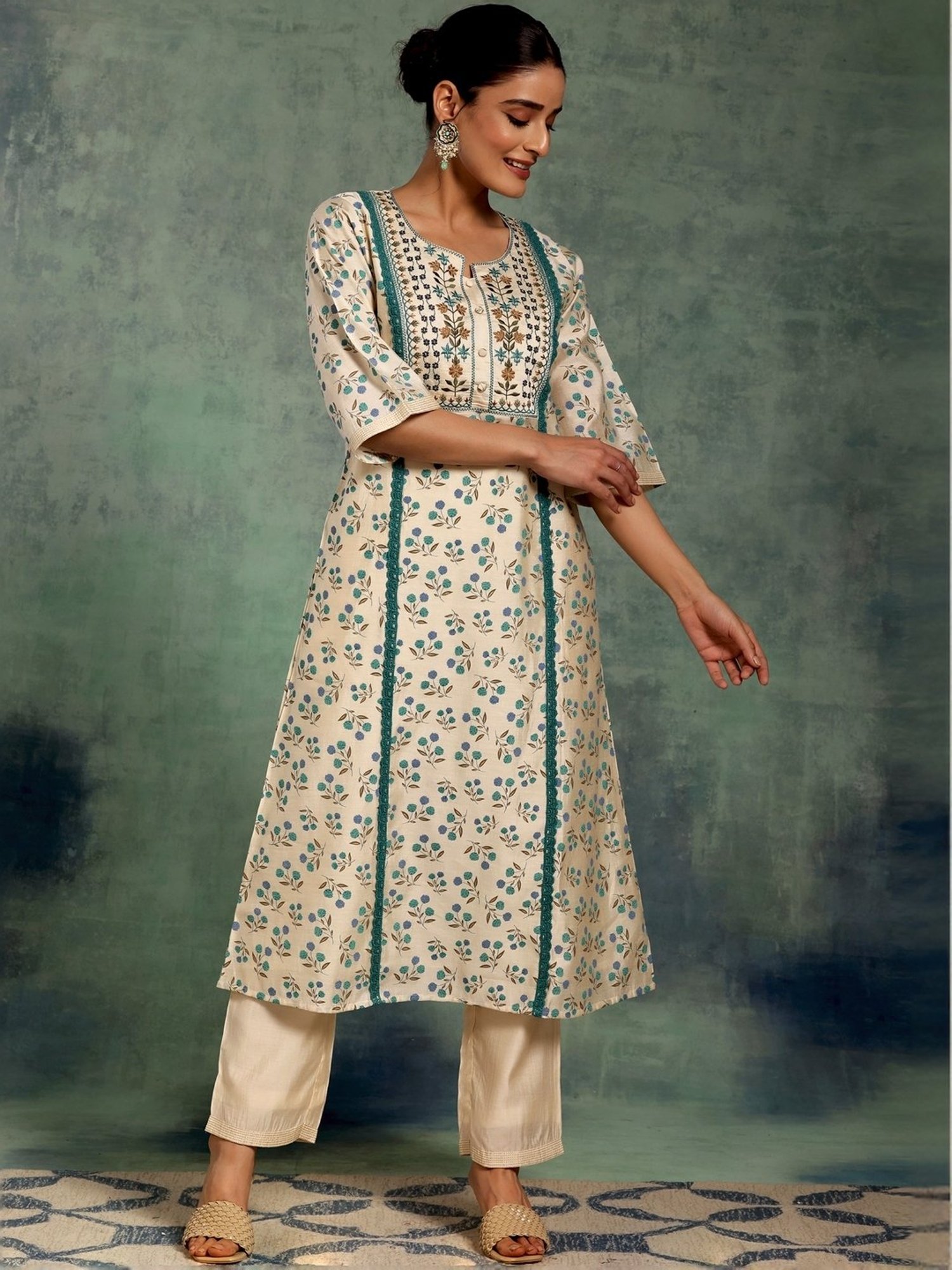 Libas Beige Printed Kurta Palazzo Set