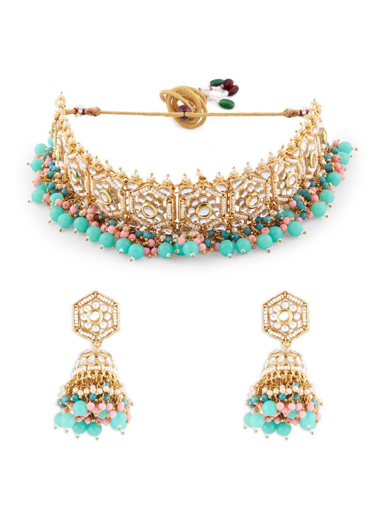 OOMPH Mint Green & Pink Stone & Kundan Ethinc Choker Necklace Set with Jhumka Earrings