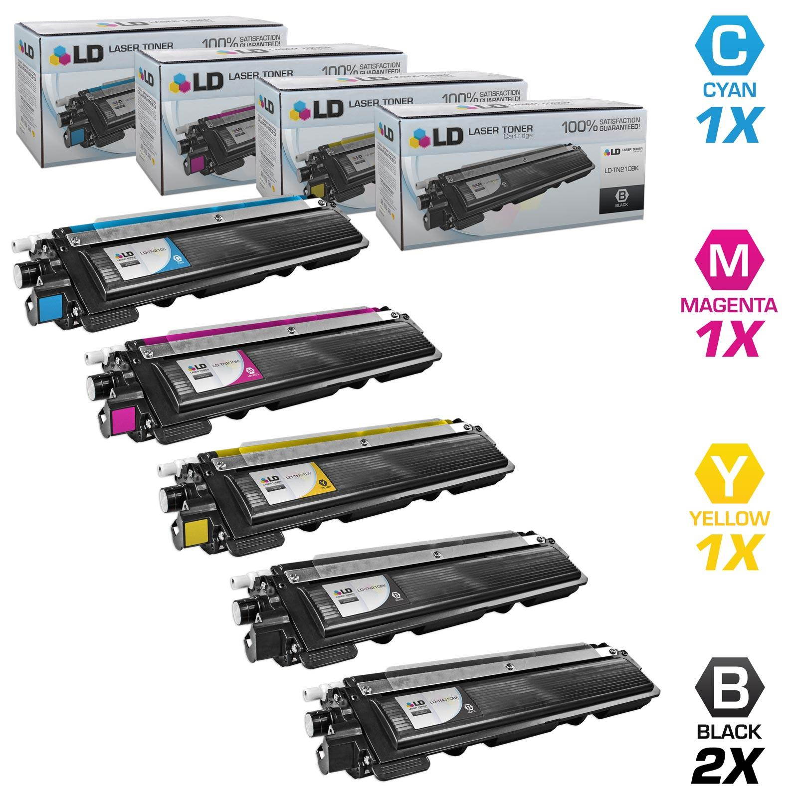 LD Compatible Brother TN210 Set of 5 HY Toner Cartridges: 2 TN210BK & 1 TN210C, TN210M, & TN210Y for DCP-9010CN, HL-3040CN, 3045CN, 3070CW, 3075CW, MFC-9010CN, 9120CN, 9125CN, 9320CN, 9320CW, 9325CW