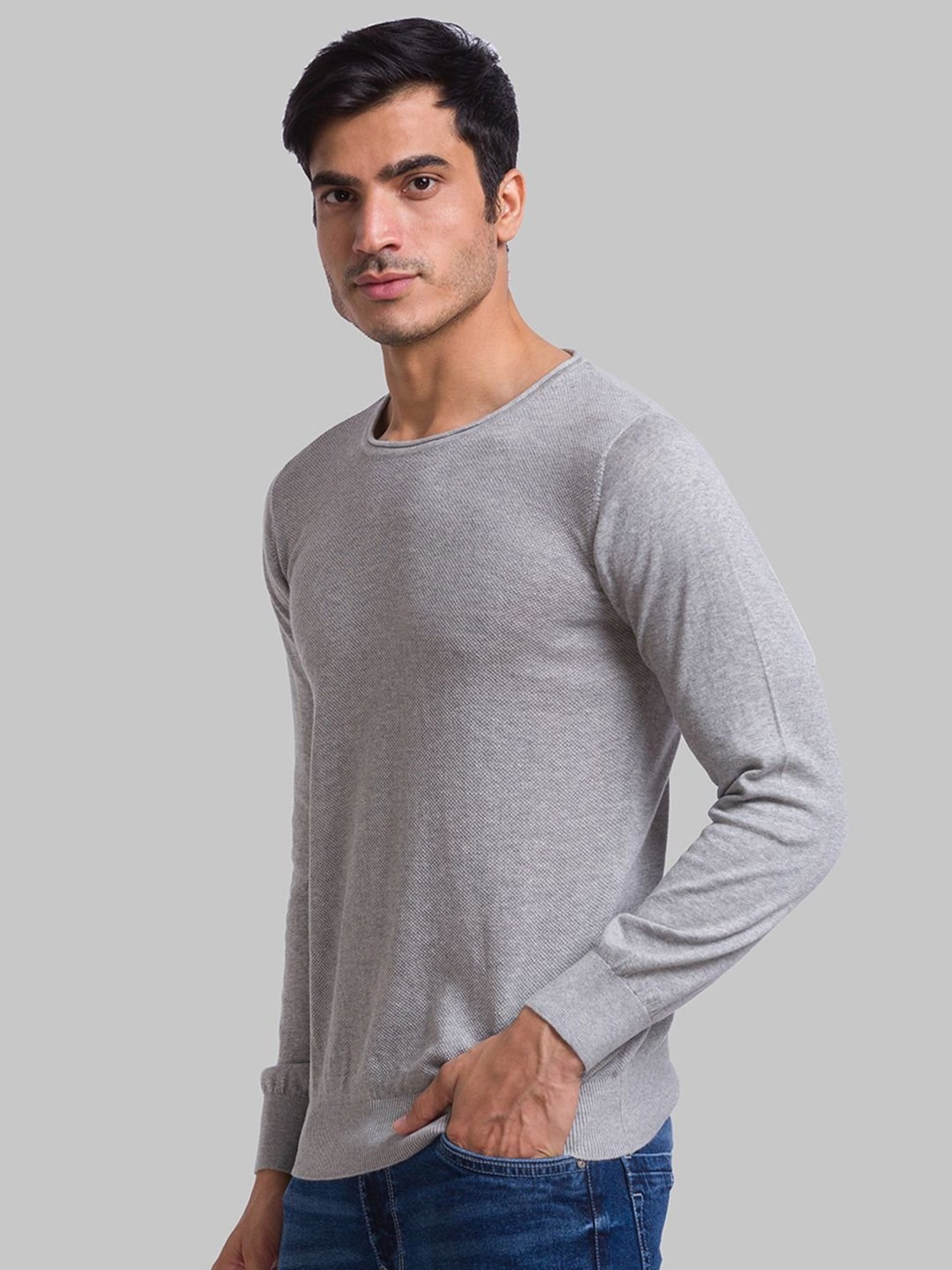 Parx Grey Cotton Regular Fit Sweater