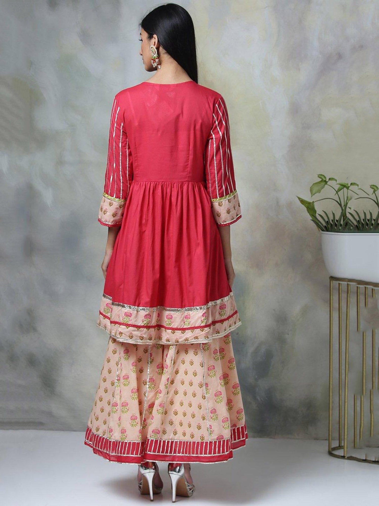 Biba Red & Peach Printed Kurta With Sharara & Dupatta