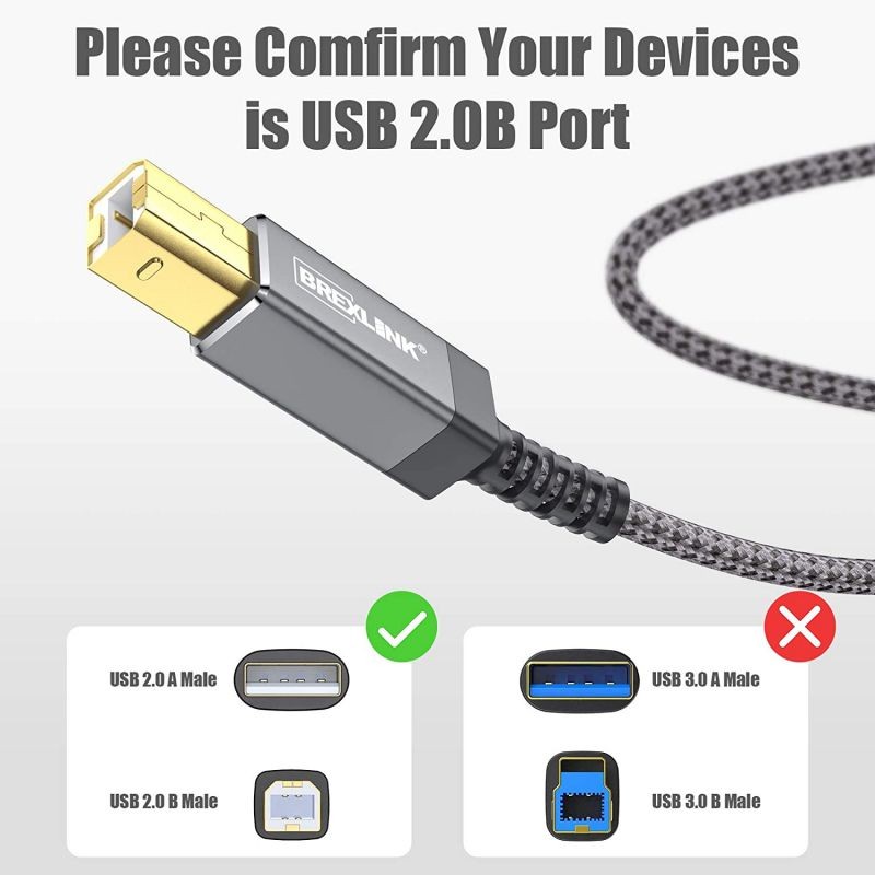 Printer Cable BrexLink Premium10ft USB 2.0 Type A to B Male Printer Cord Durable Nylon Braided High Speed Scanner Fax Cord Compatible with HP Canon Dell Epson Lexmark Xerox Samsung (Grey)