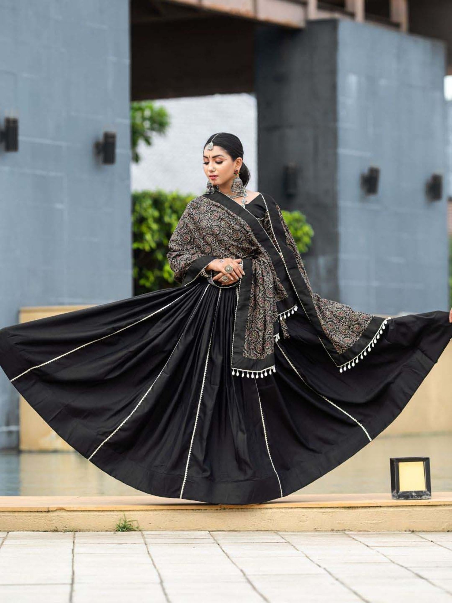 Odette Black Cotton Printed Lehenga Choli Set With Dupatta