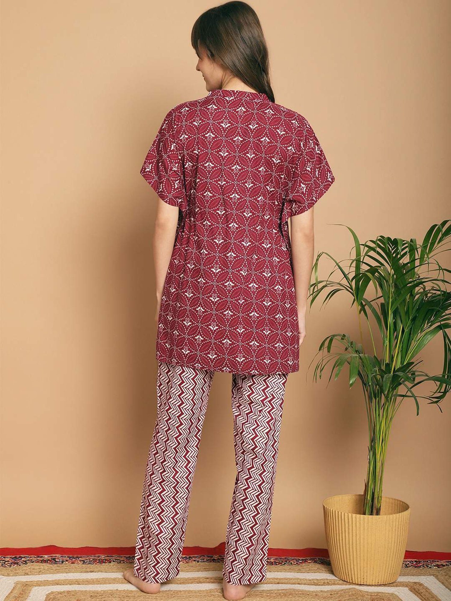 Kanvin Maroon Cotton Printed Tunic Pyjamas Set
