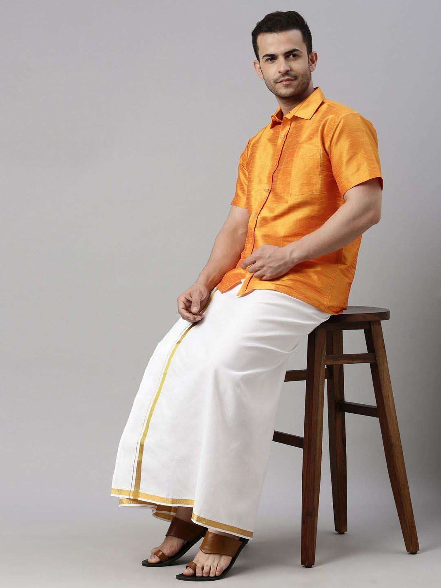 Vastramay Orange & White Regular Fit Ethnic Shirt With Mundu