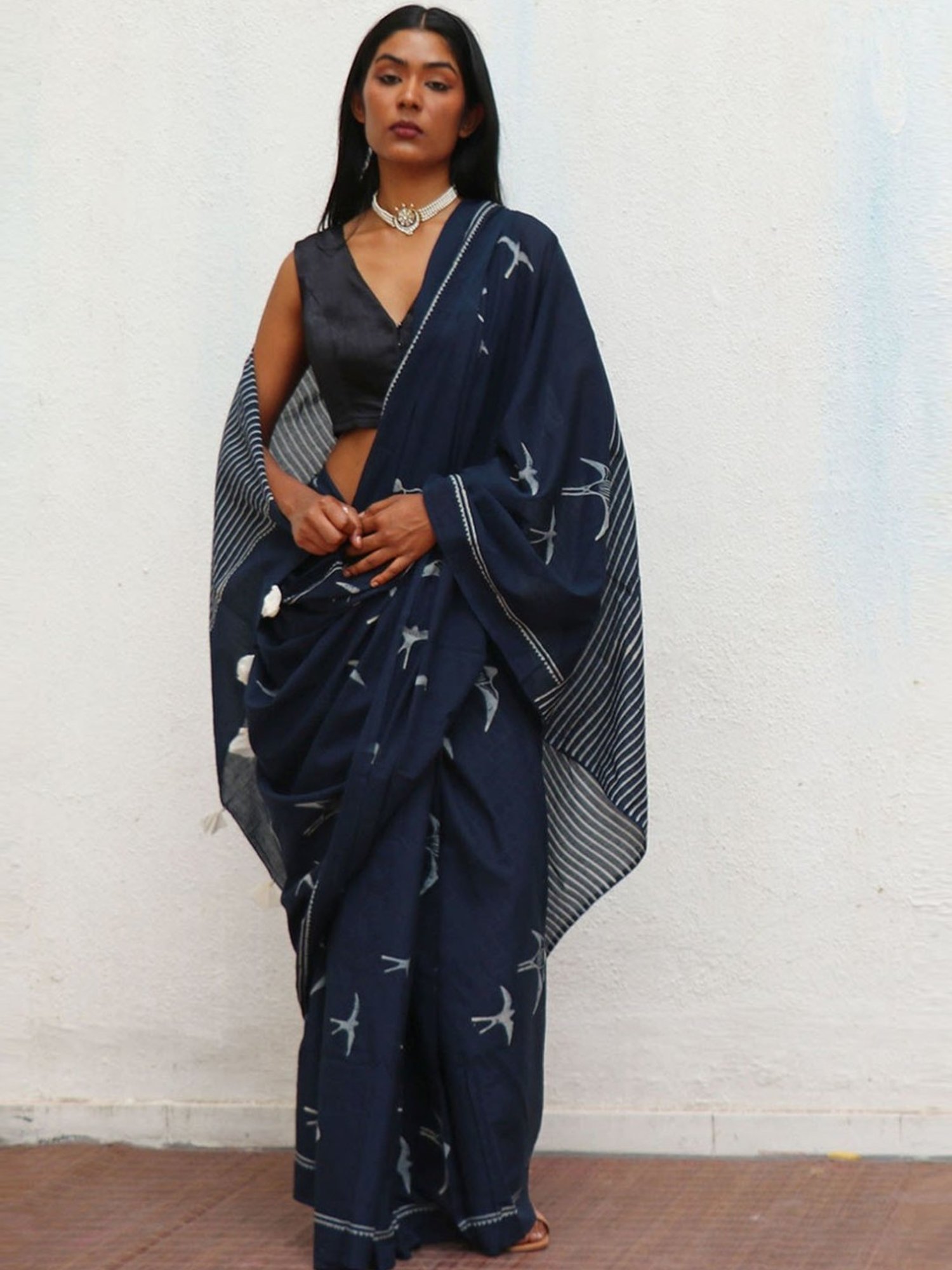 Chidiyaa Blue Fly Me to the Moon Indigo Bird Hand Blockprinted Cotton Saree