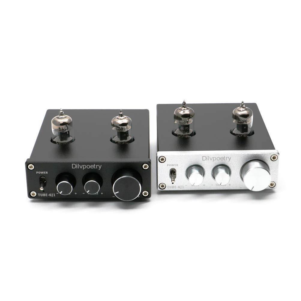 Dilvpoetry TUBE-6J1 Mini Vacuum Tube Amplifier HiFi Audio Tube Preamplifier Preamp NE5532P Chips Desktop Amp(Silver)