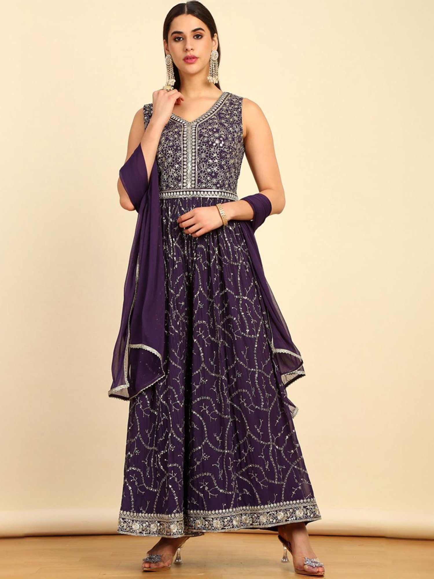 Soch Womens Purple Sequinned Embellished Georgette Jumpsuit With Dupatta