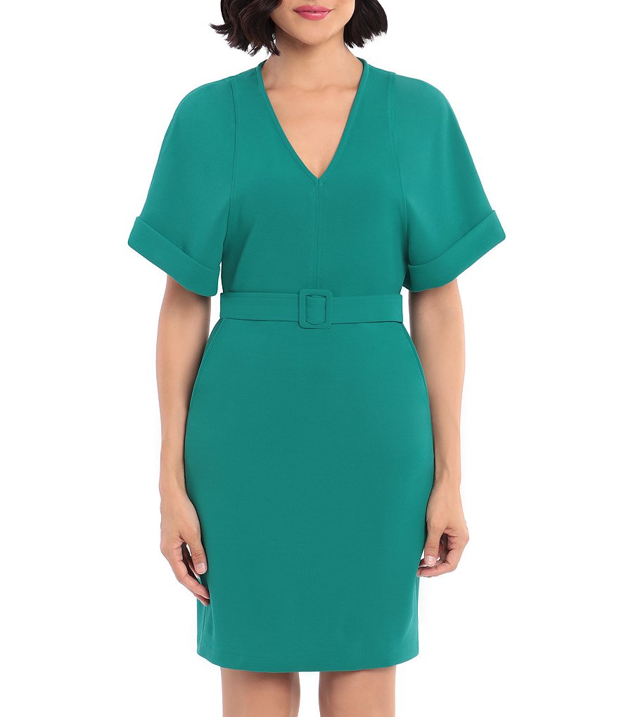 Donna Morgan Cuff Sleeve Knitted Crepe Sheath Dress