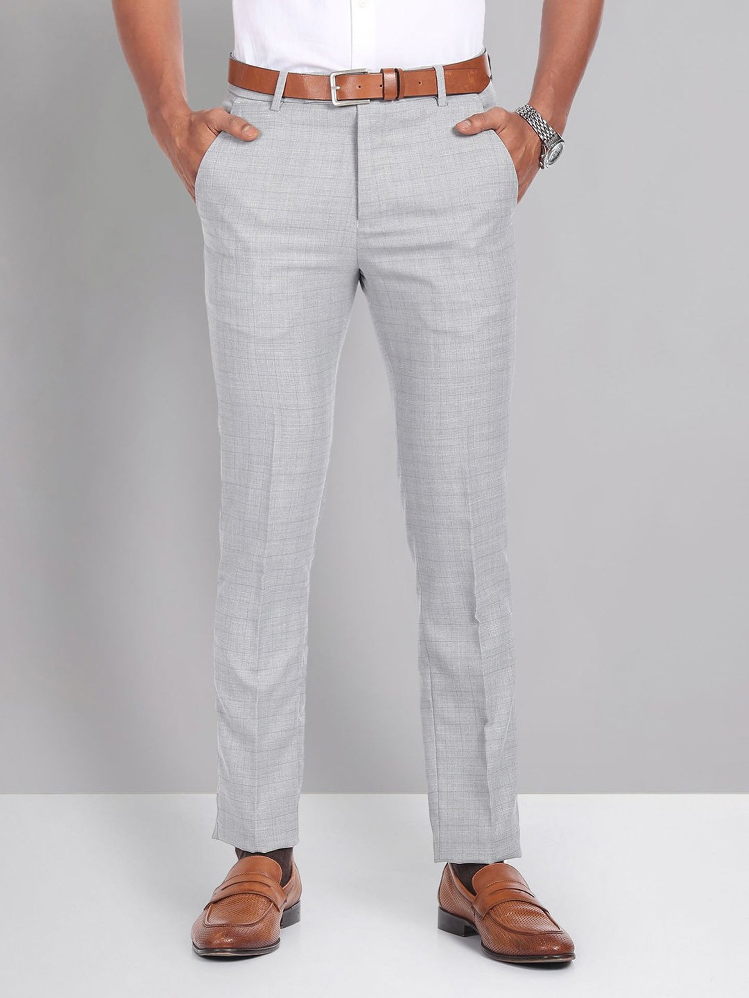 AD by Arvind Grey Melange Slim Fit Check Flat Front Trousers