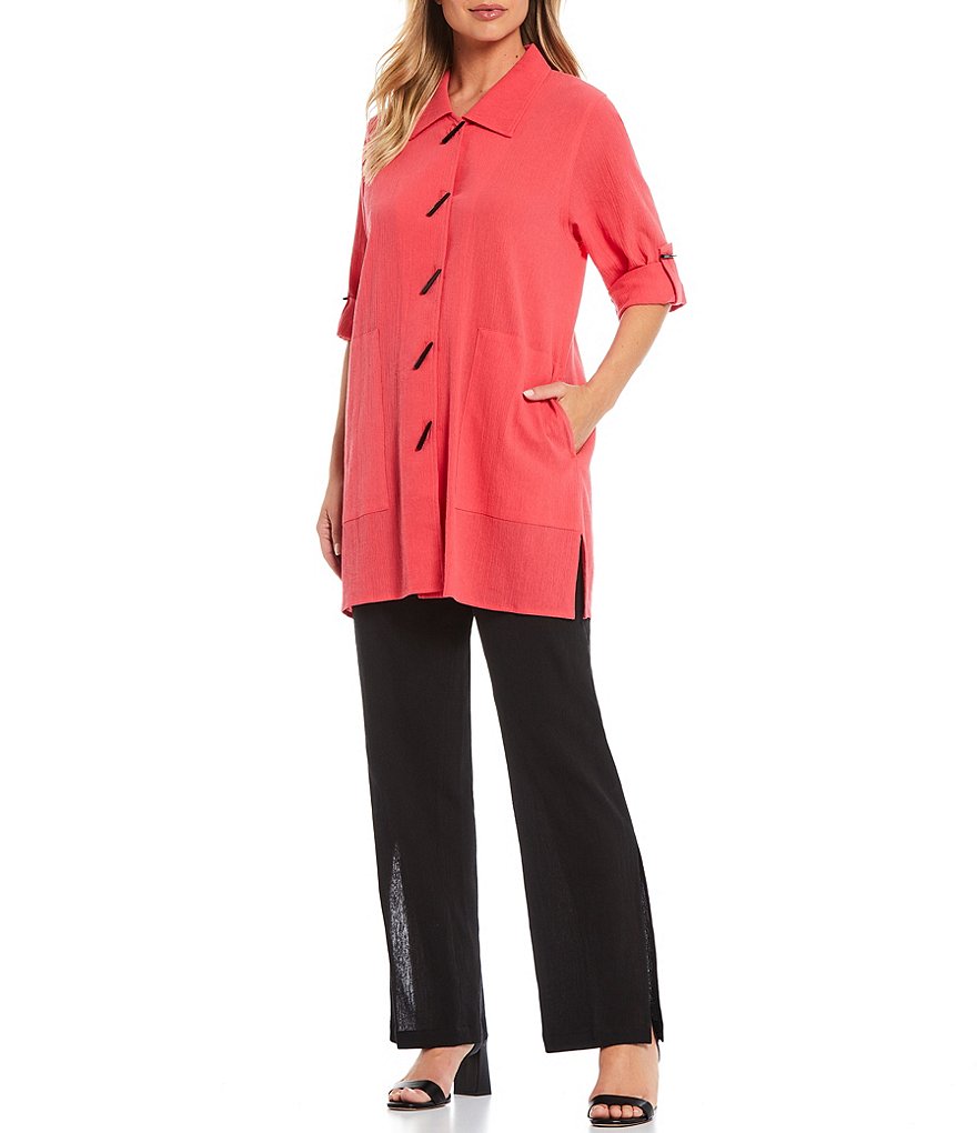 Caroline Rose Crinkle Cotton Point Collar Neck Roll-Tab 3/4 Sleeve Long Shirt