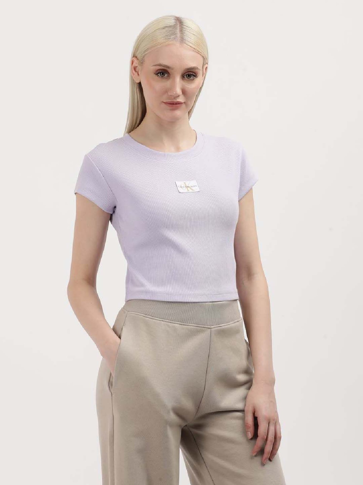 CALVIN KLEIN Purple Cotton Logo Patch Work Crop T-Shirt