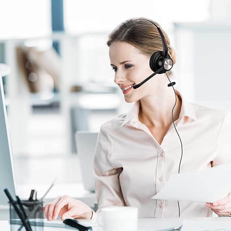 Wired Call Center Headset with Noise Cancelling Microphone & U10P Bottom Cable, Office Telephone Headset Works with Mtel Nortel Avaya Digital Polycom VVX Shoretel Aastra Digium +Plantronics