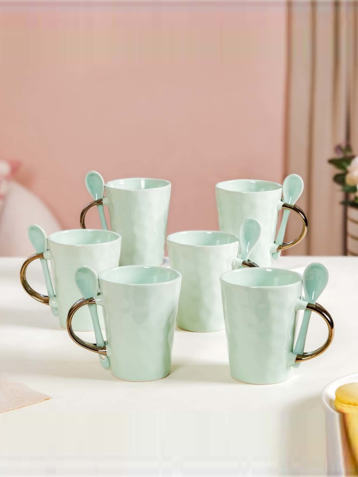 Nestasia Pebble Textured Mint Tea Cups With Spoons Set Of 6 350 ml