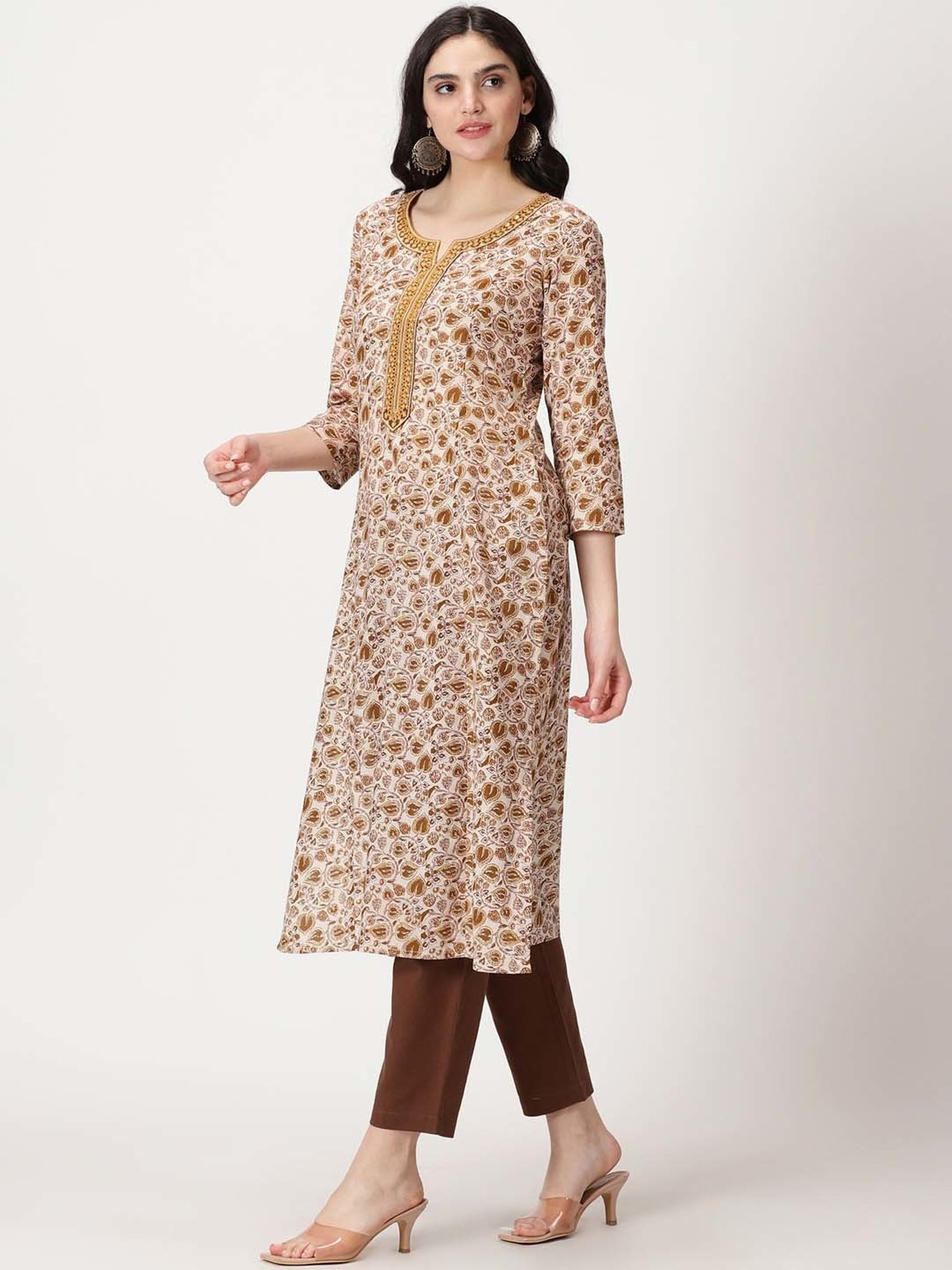 Saffron Threads Beige Printed Straight Kurta