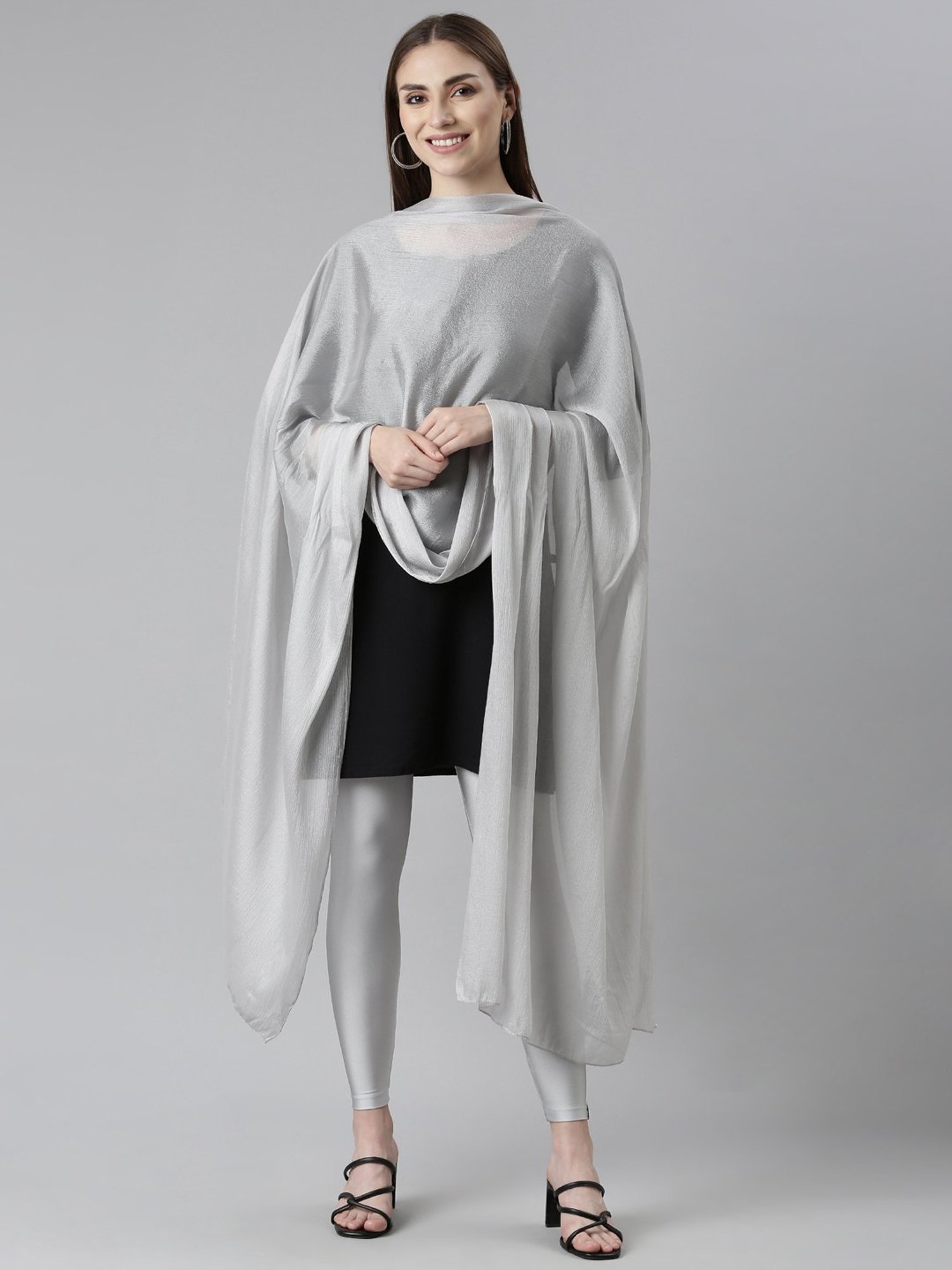 TWIN BIRDS Silver & Black Plain Dupatta - Pack Of 2