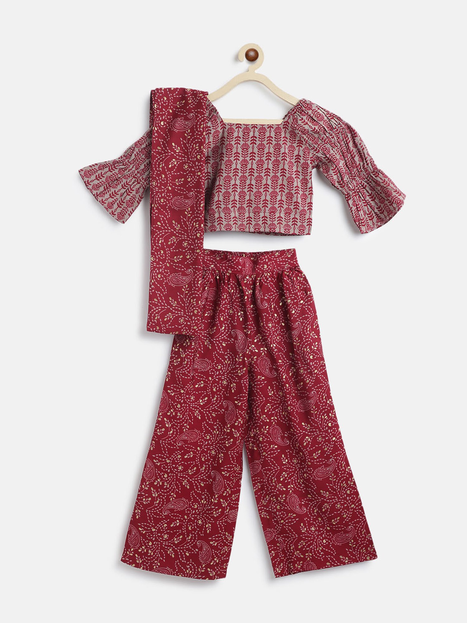 Tales & Stories Kids Grey & Maroon Printed Top, Pants with Dupatta