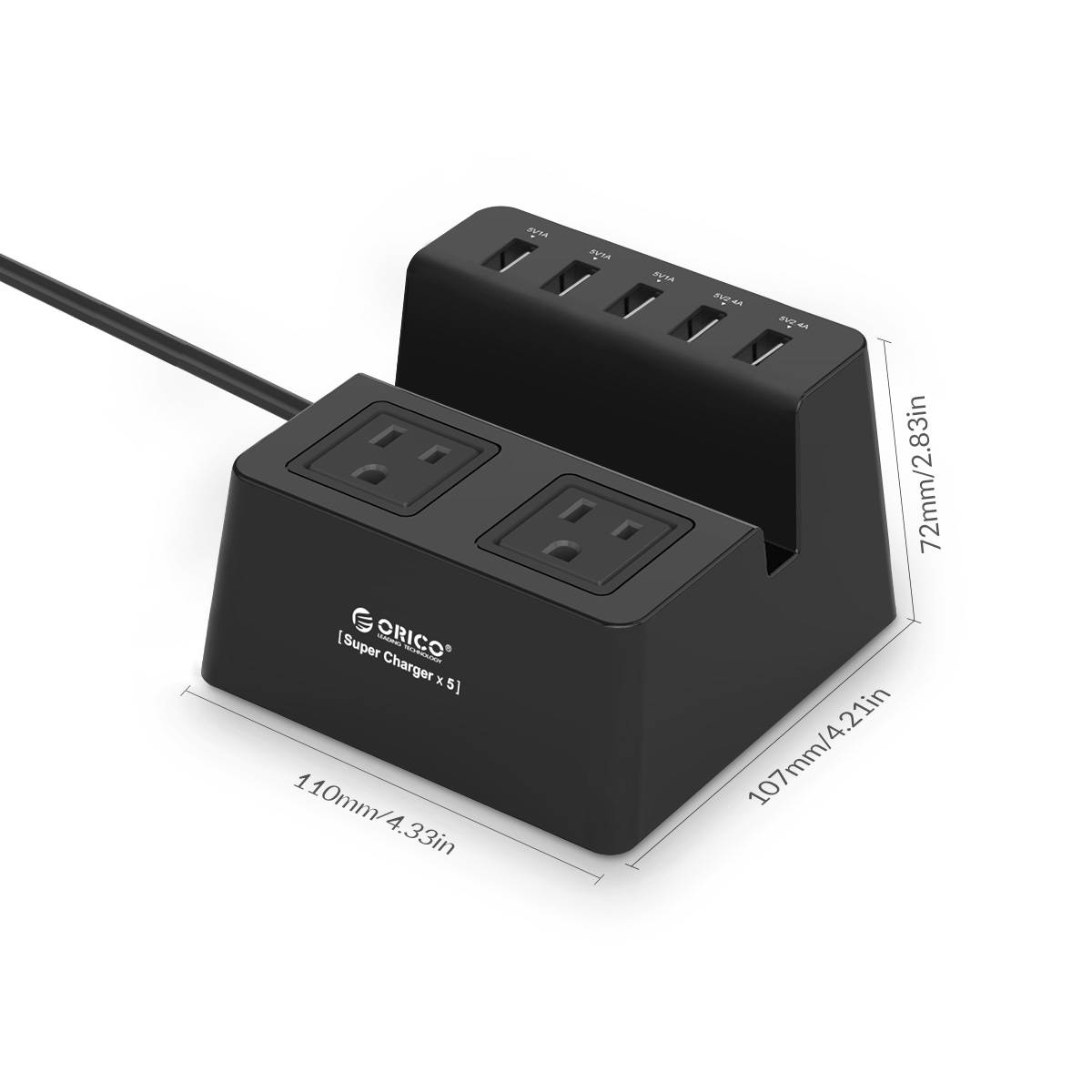 ORICO  40W 8A 5 USB Super Charger with 2 x AC Outlet Power Strip Surge Protector with 5 Feet Cord (3 x 5V1A,2 x 5V2.4A) for iPhone 7/7Puls/6S/6S P/5SE/iPad/LG/Samsung/HTC and More - Black (ODC-2A5U)