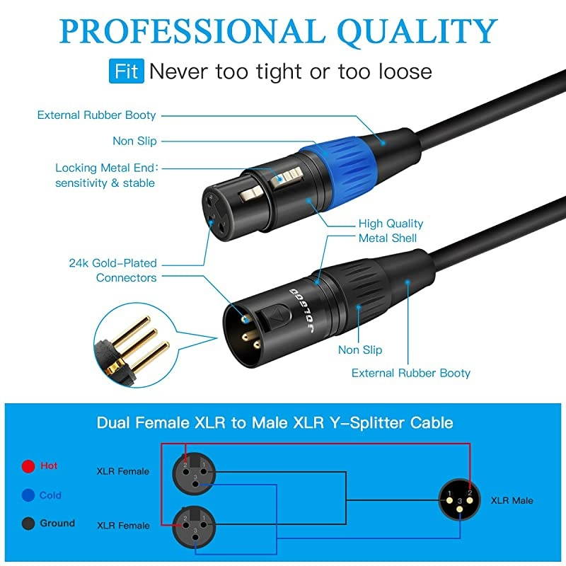 XLR Splitter Cable XLR Male to Dual XLR Female Y Splitter Microphone Cable Male to 2 Female XLR Y Cable 5 Feet