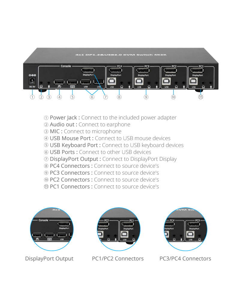 XtremPro 4x1 DP Display Port 1.2 & USB 2.0 KVM Switch Metal Housing w/ USB Keyboard, Mouse, Audio & Microphone Port w/Power Adapter - Black (61020)