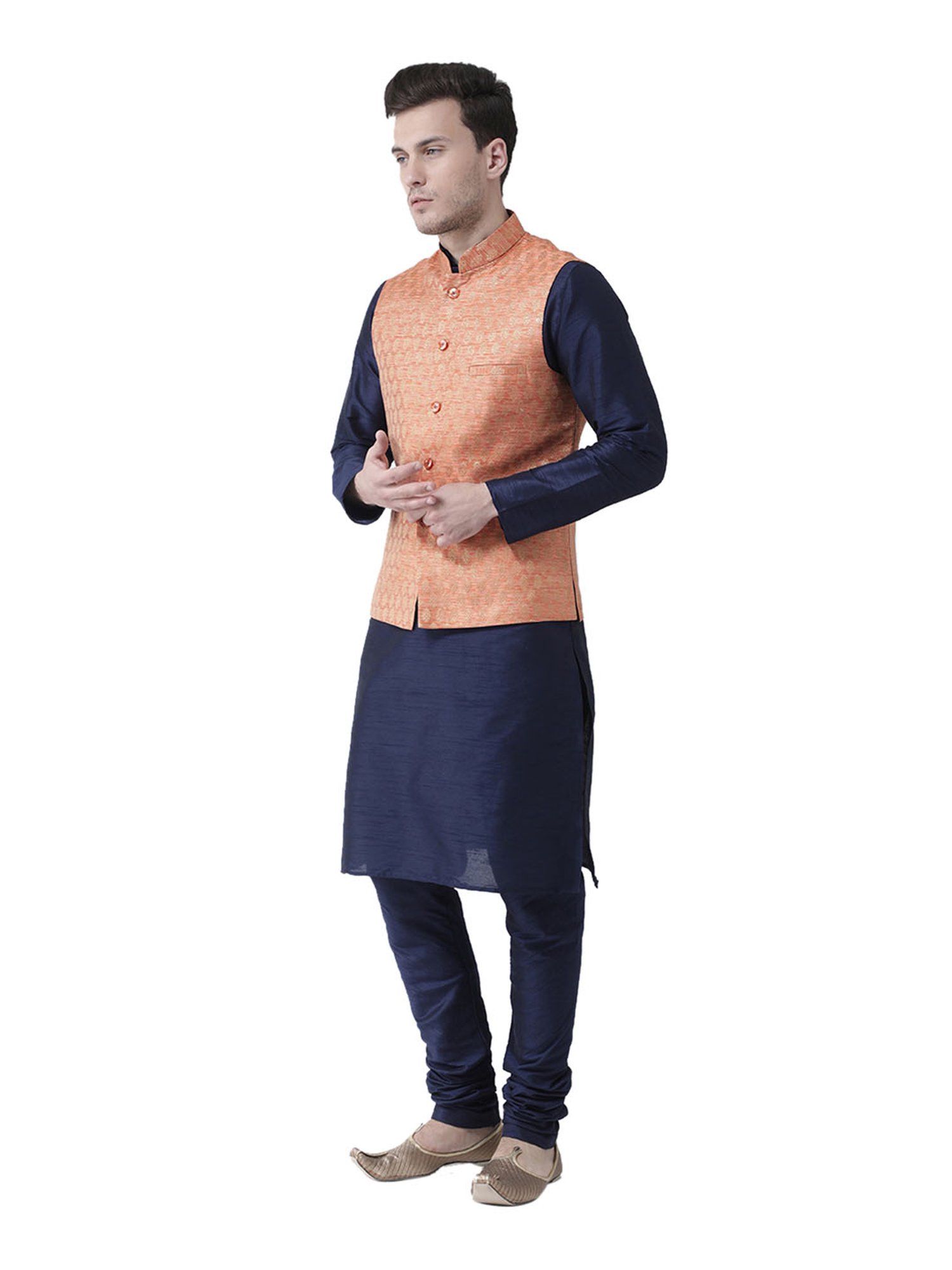 Deyann Orange & Navy Full Sleeves Silk Suit