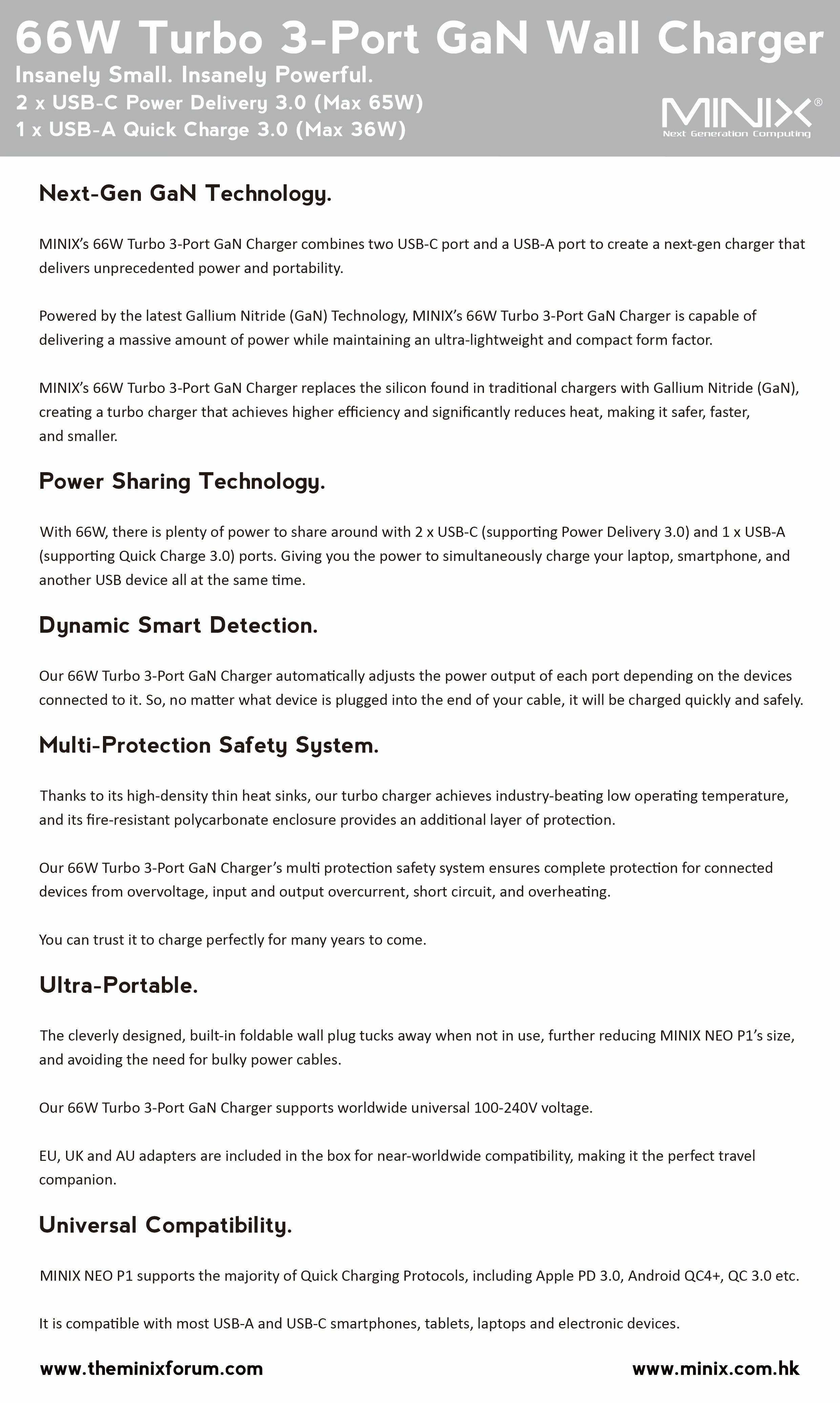 MINIX P1 66W Turbo 3-Port GaN Charger combines two USB-C port and a USB-A port to create a next-gen charger that delivers unprecedented power and portability.