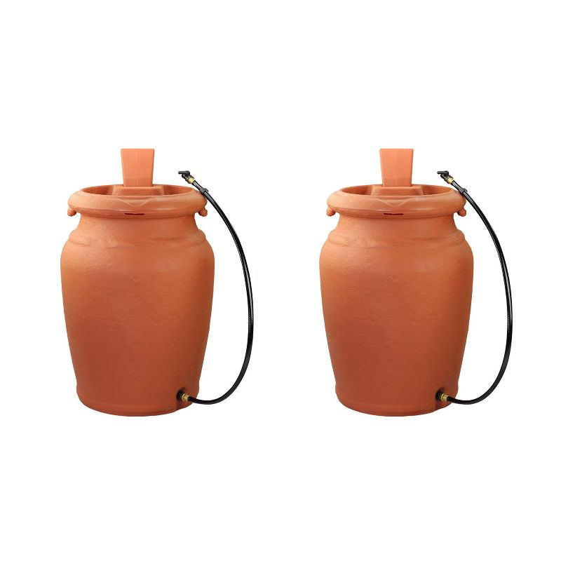 FCMP Outdoors US4000-TC Heavy Duty Urn Style 45 Gallon Garden Rain Barrel Collector with Planter and Hose (2 Pack)