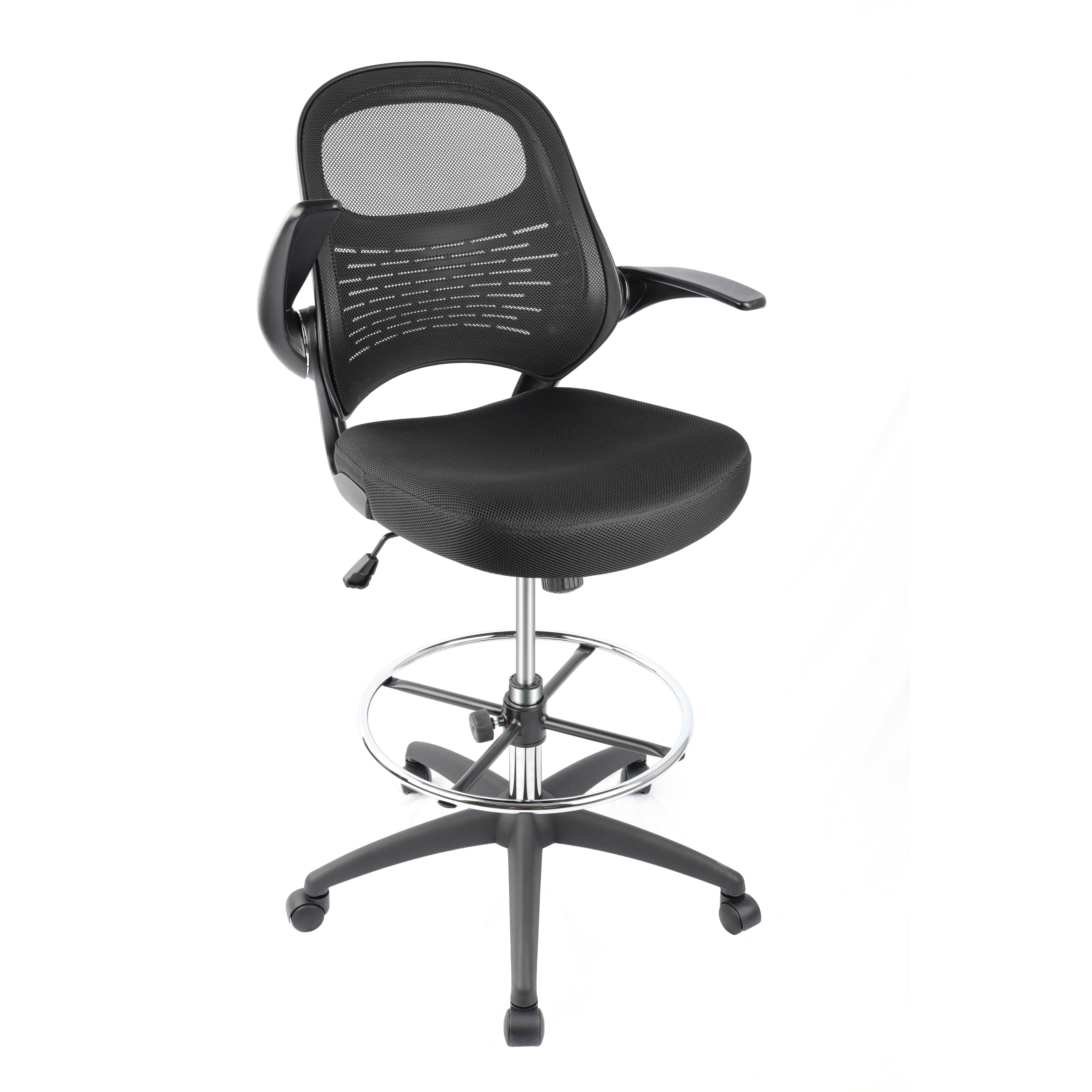 Drafting Chair, Tall Office Chair for Standing Desk, Mesh Drafting Table Chair with Adjustable Foot Ring, Flip-Up Arms, Black