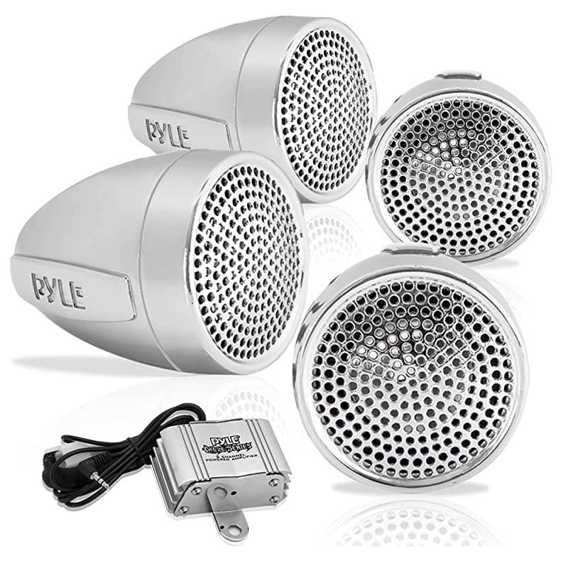 Handlebar Amplifier Motorcycle Speaker System - 1200 Watts Waterproof Motorcycle Speakers & Amp System w/ Dual Handle-Bar Mount, Aluminum Diecast Speakers w/ iPod/MP3 In & USB Charger -  PLMCA90