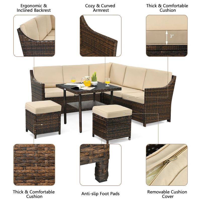 Costway 6PCS Patio Rattan Dining Sofa furniture Set Ottoman Table Lower Shelf