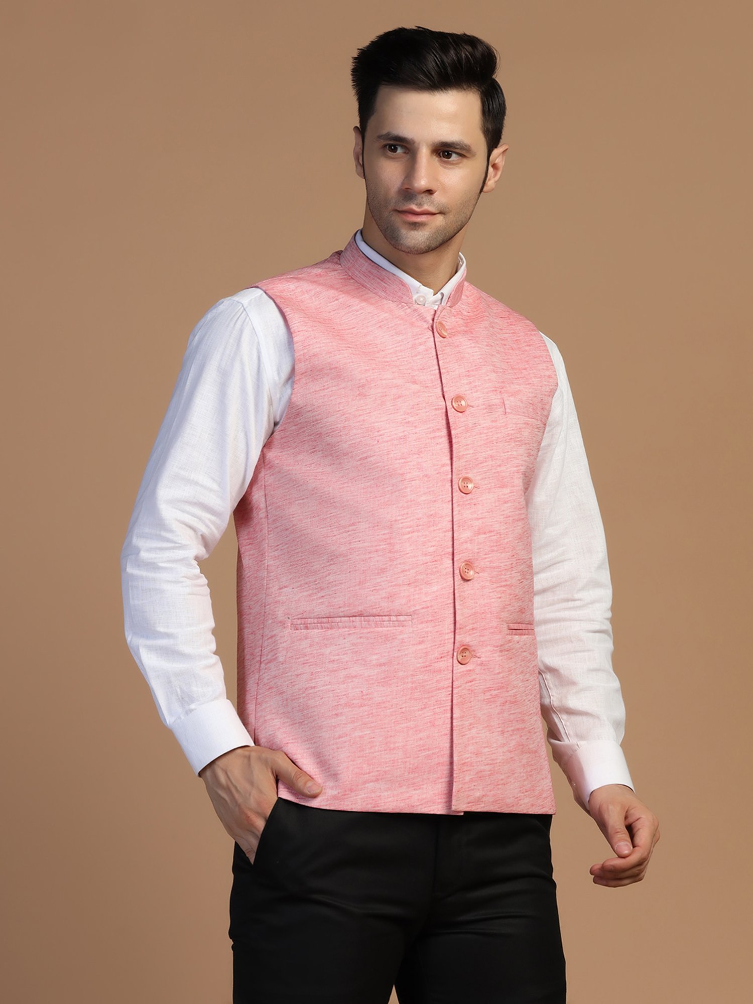 TAHVO Pink Melange Regular Fit Nehru Jacket