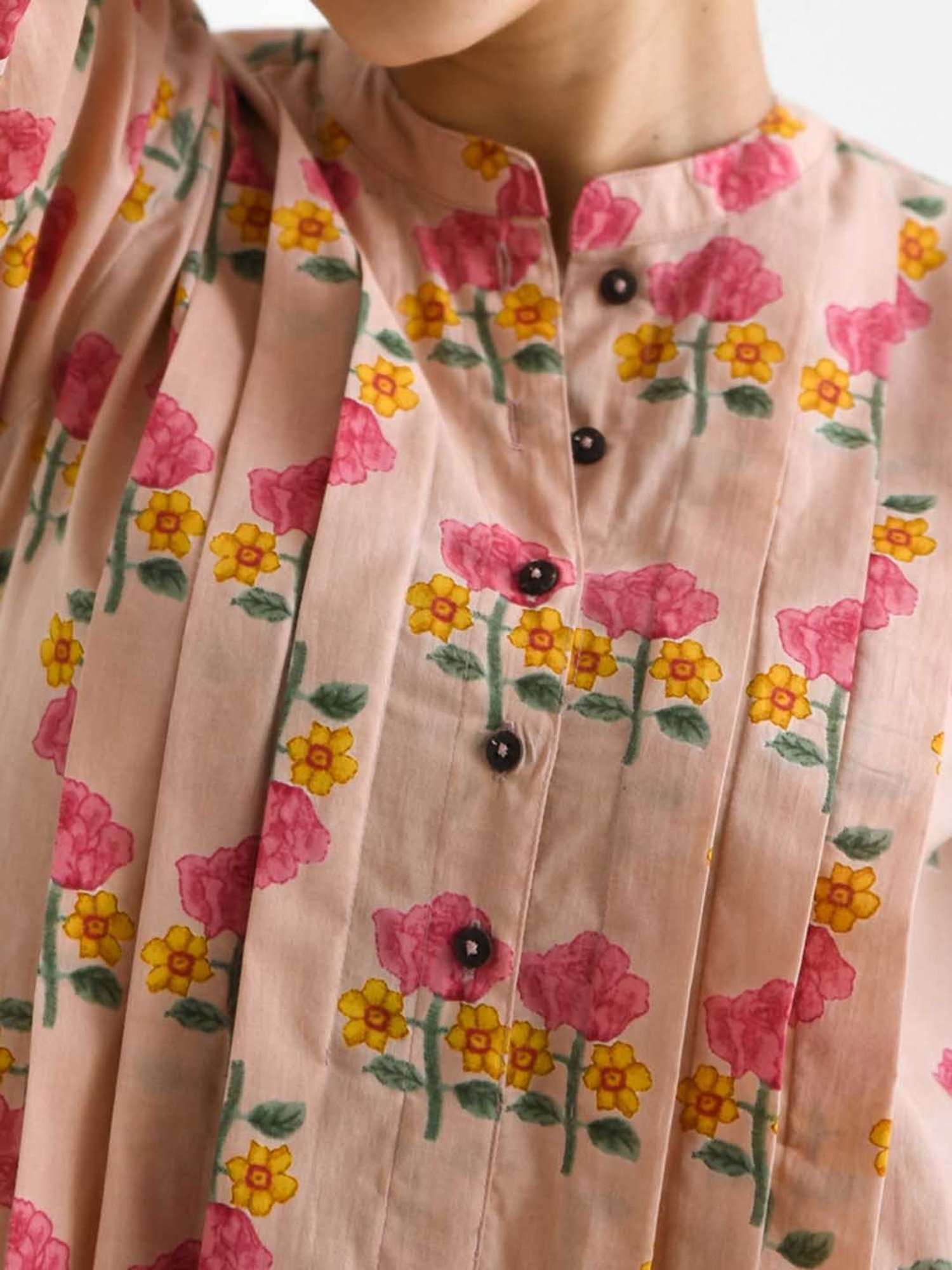 Rustorange Baby Pink Cotton Floral Print A Line Short Kurti