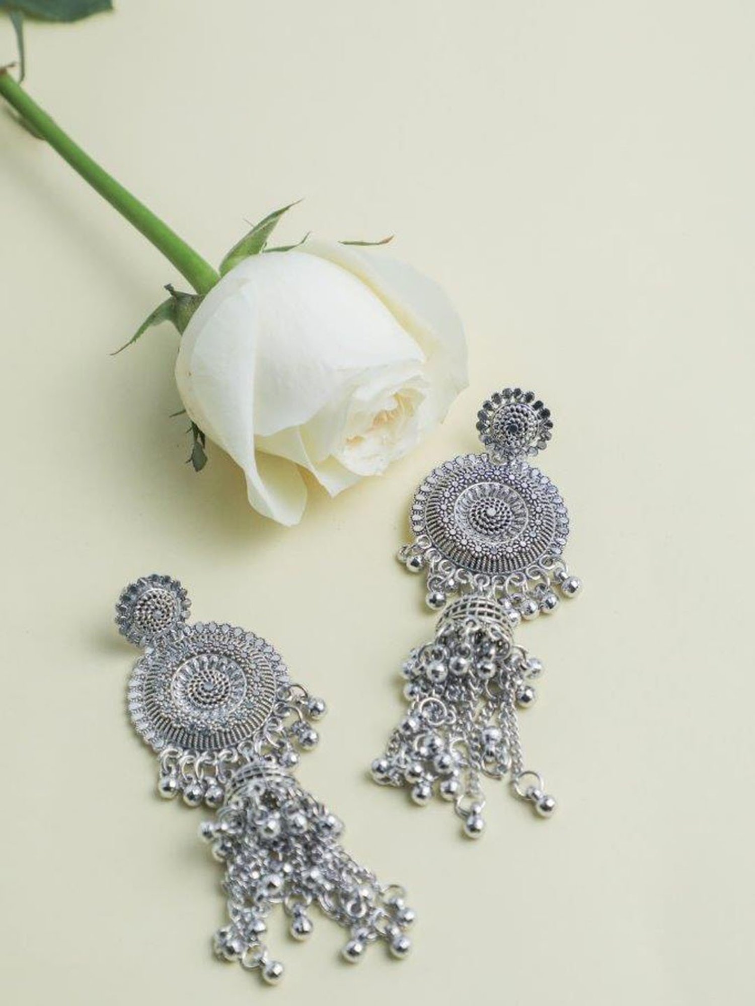VOJ Silver Plated Oxidised Ghungharoo Studded Earrings for Women