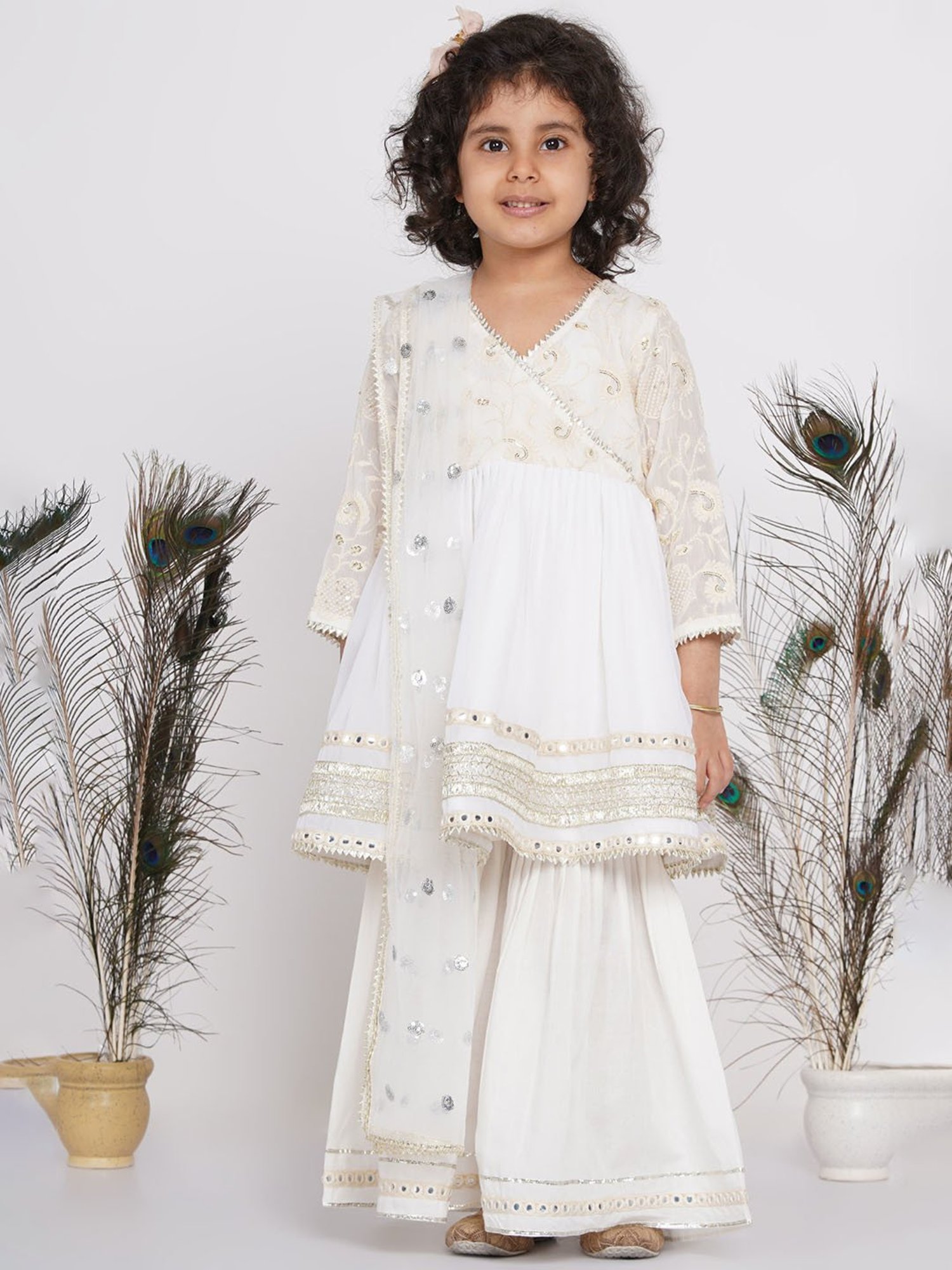 Little Bansi White Embellished 1 Kurta, 1 Sharara & 1 Dupatta