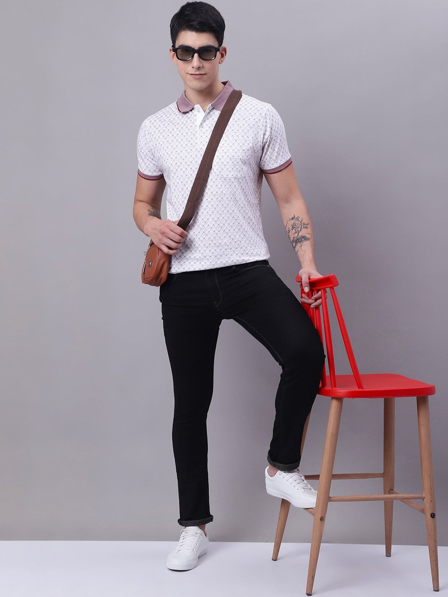 Venitian- Forbidden Clothing Wine & White Slim Fit Printed Polo T-Shirt