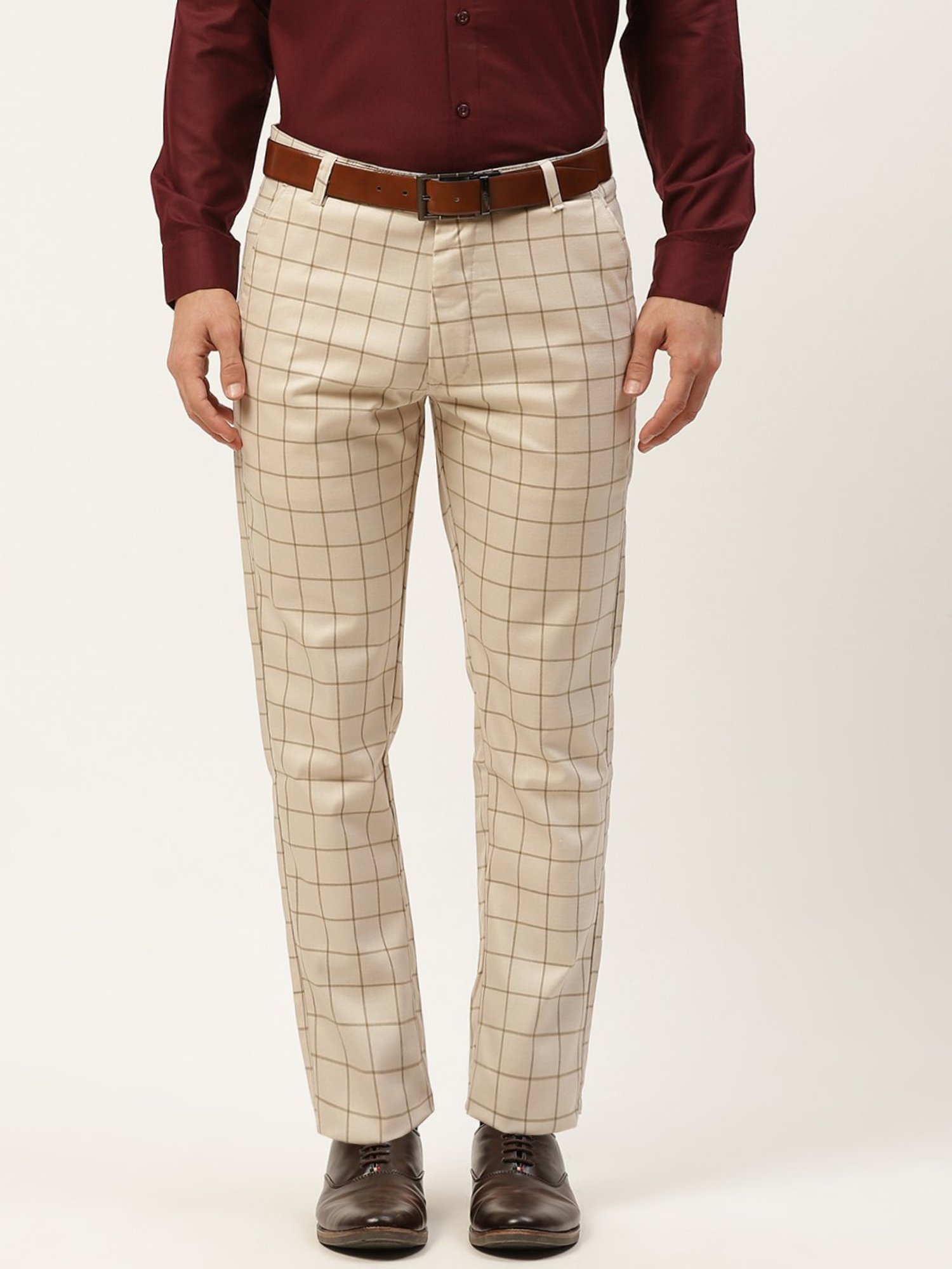 Sojanya Beige Cotton Regular Slim Fit Checks Flat Front Trousers
