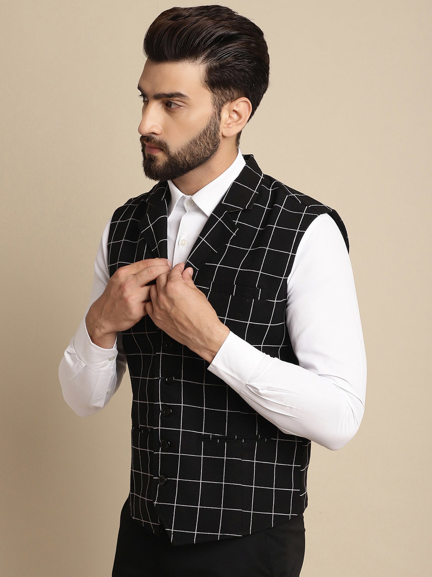 Even Black Regular Fit Notch Lapel Check Waistcoat