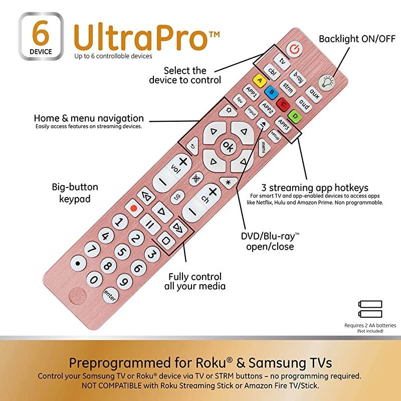 6-Device Backlit Universal Remote Control for Samsung, Vizio, Lg, Sony, Sharp, Roku, Apple TV, Smart TVs, Streaming Players, Blu-Ray, DVD, Master Volume Control, Rose, 47505