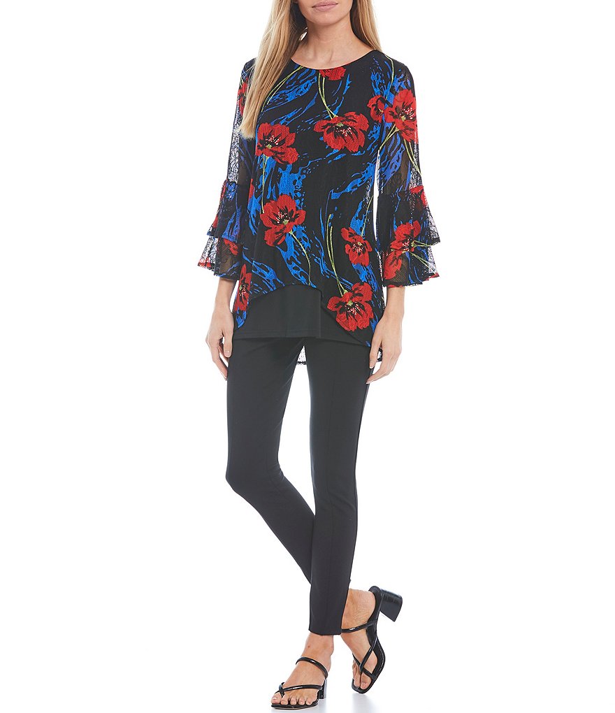 Calessa Crinkle Mesh Double 3/4 Bell Sleeve Jewel Neck Hi-Low Hem Floral Print Tunic