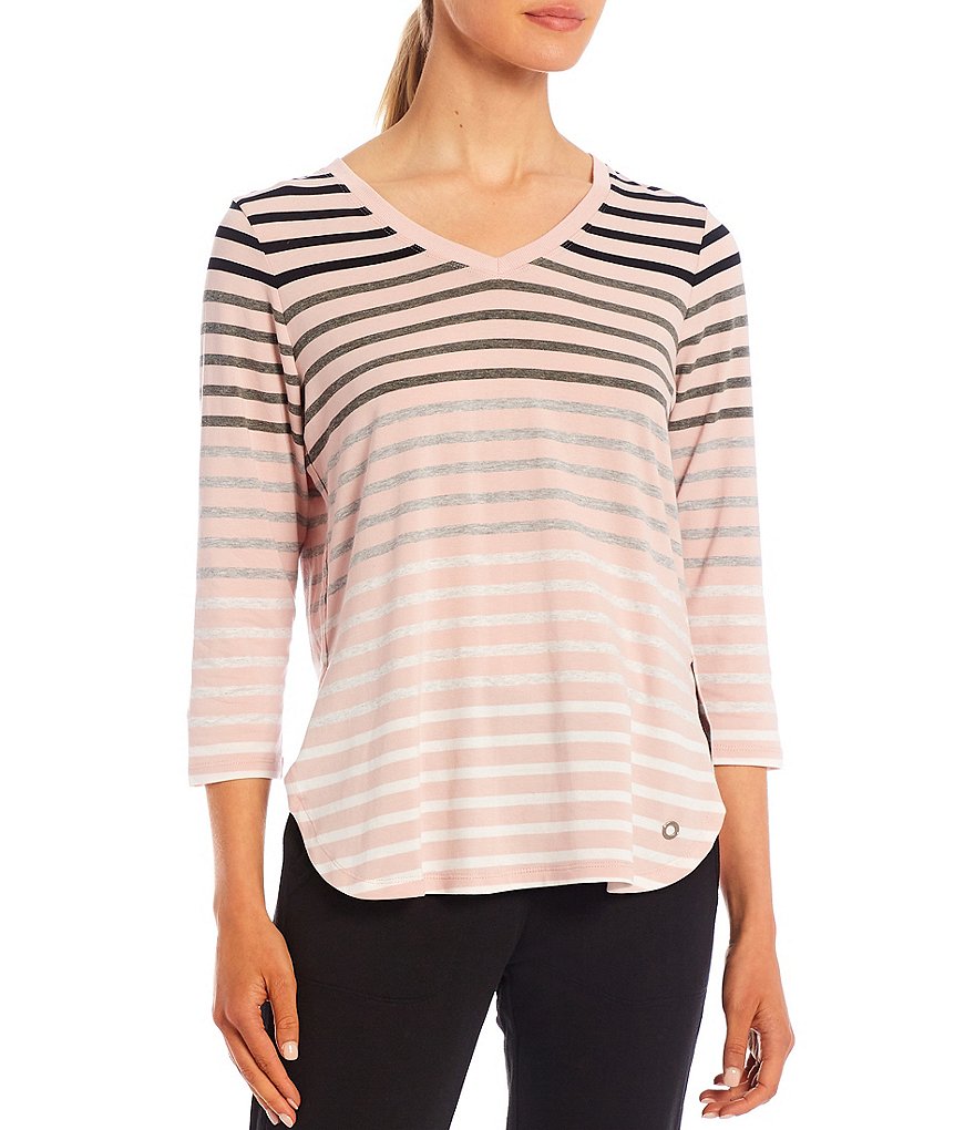 Calvin Klein Performance Fade Out Stripe 3/4 Sleeve Round Hem Tee
