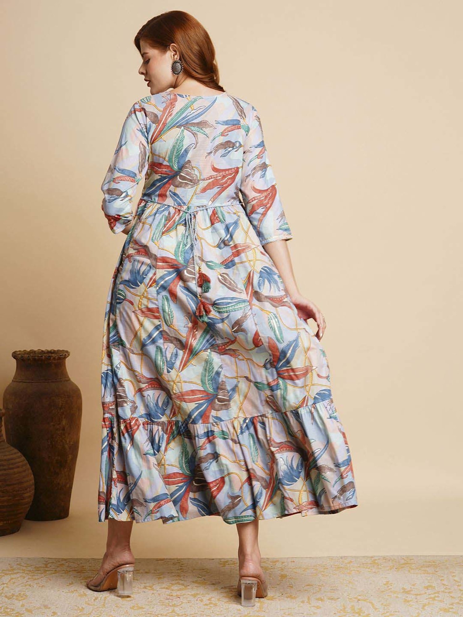 Fashor Blue Cotton Printed Maxi Dress
