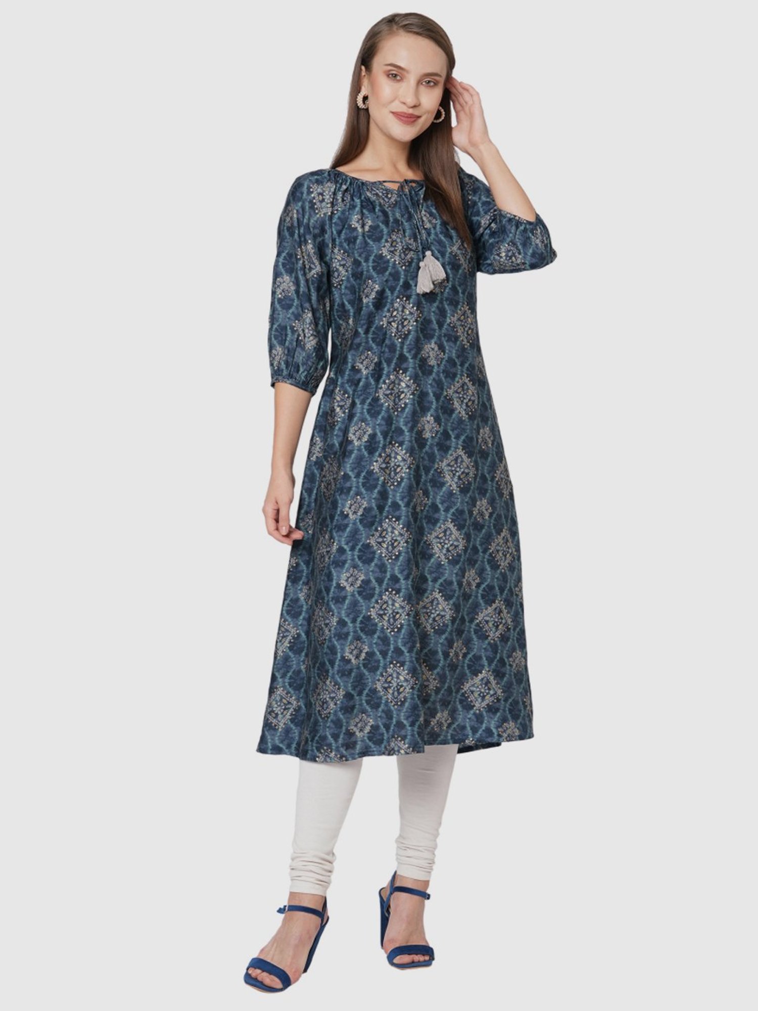 Fusion Beats Blue Printed A Line Kurta