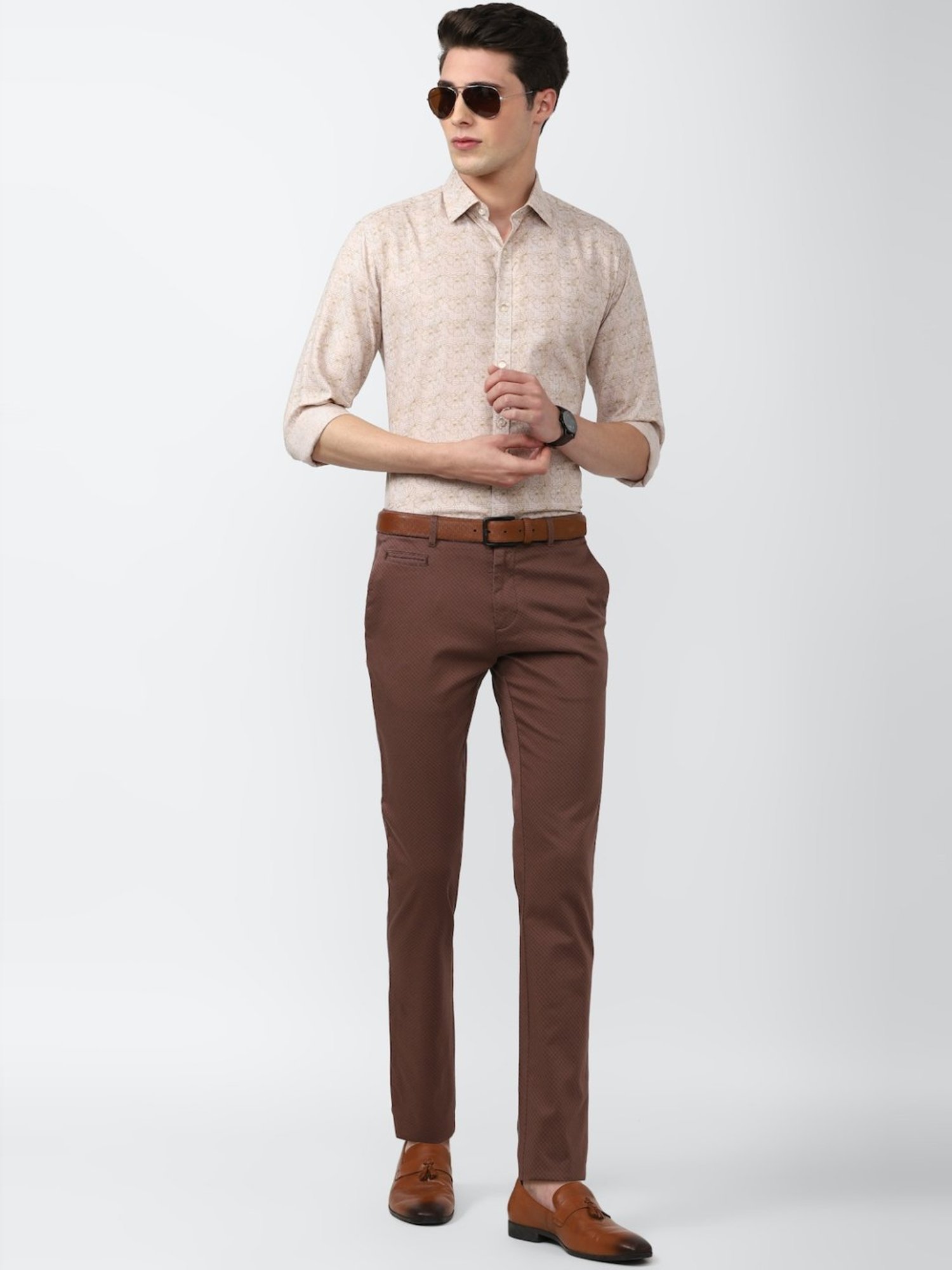 V Dot Beige Slim Fit Printed Shirt