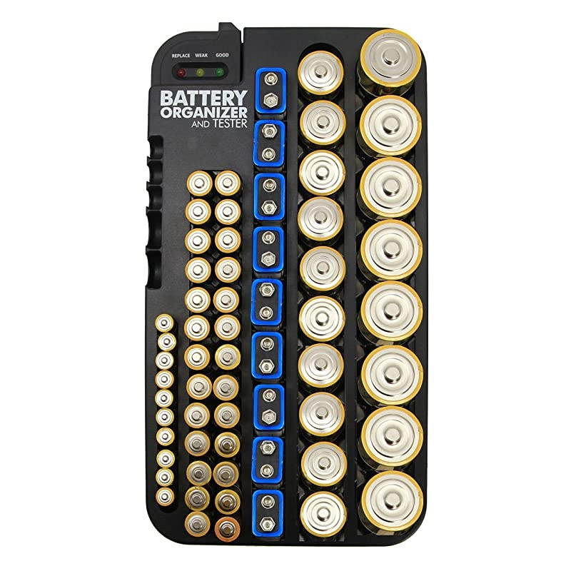 Battery Organizer Storage Case with Hinged Clear Cover, Includes a Removable Battery Tester, Holds 93 Batteries Various Sizes AA AAA C D 9V Battery Storage Case/Holder/Container