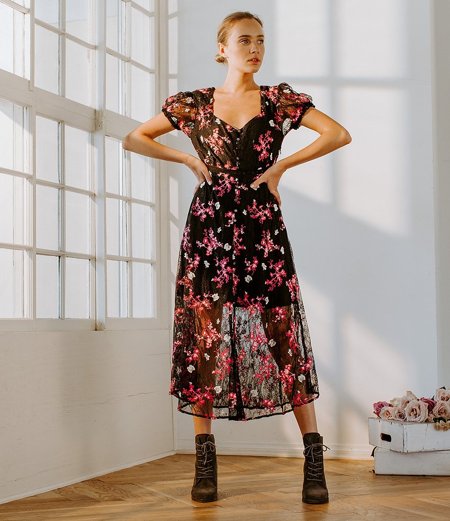 Shabby Chic Ruby Puffed Sleeve Embroidered Floral Lace Midi Dress